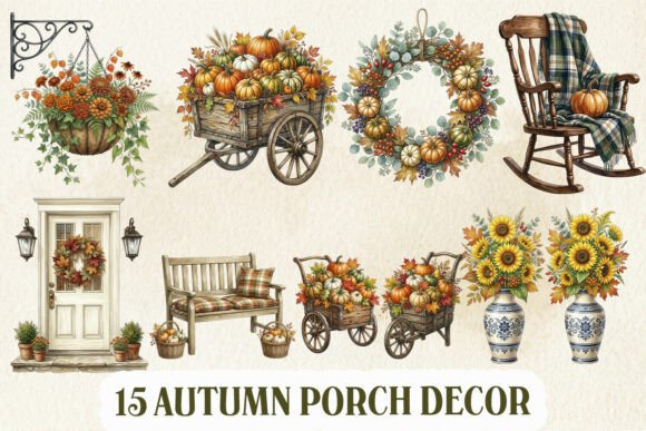 Autumn Porch Decor Clipart Bundle Graphics