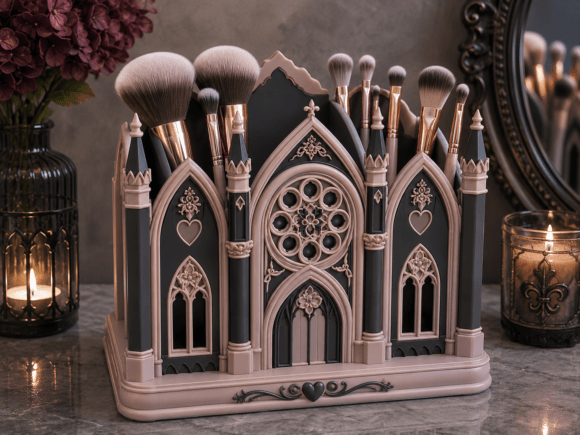 Gothic Cathedral Makeup Brush Holder STL | Ornate Vanity Organizer - Image 4