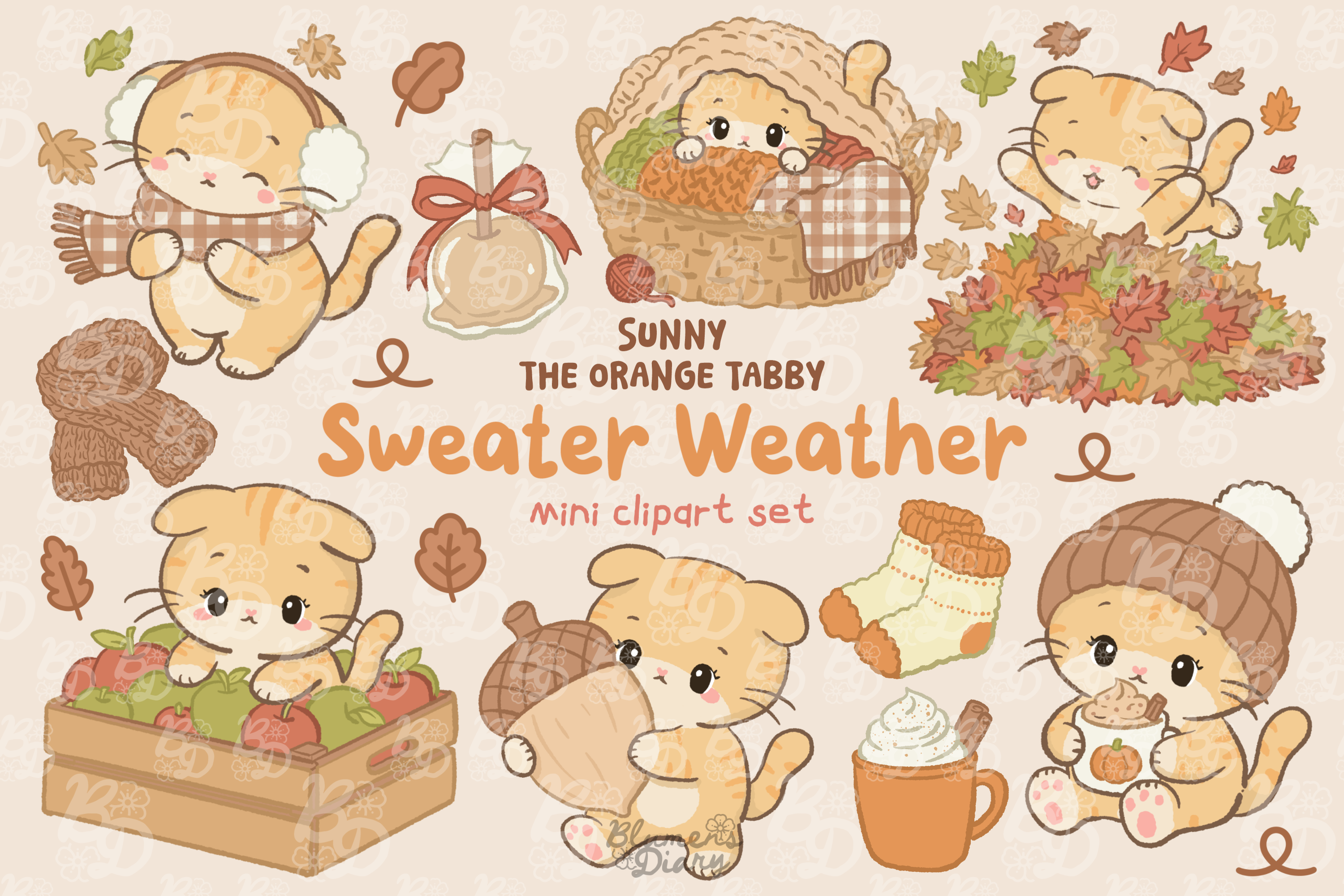 Kawaii Orange Tabby Cat Fall Clipart