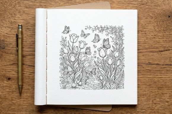 Tulips Butterflies Garden Coloring Page