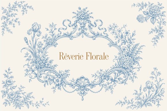 Vintage Blue Floral Rococo Frame and Bot