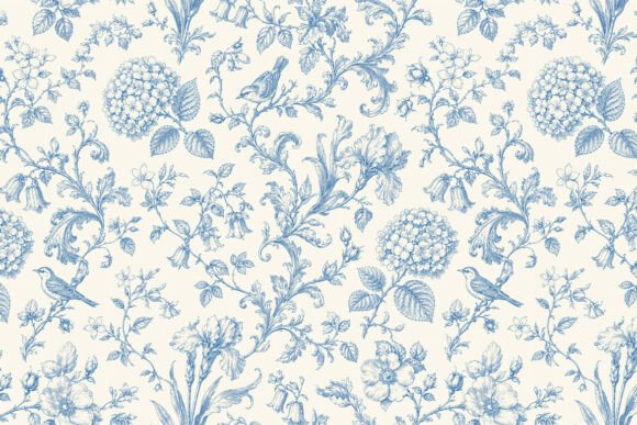 Vintage Blue Floral and Bird Toile De Jo