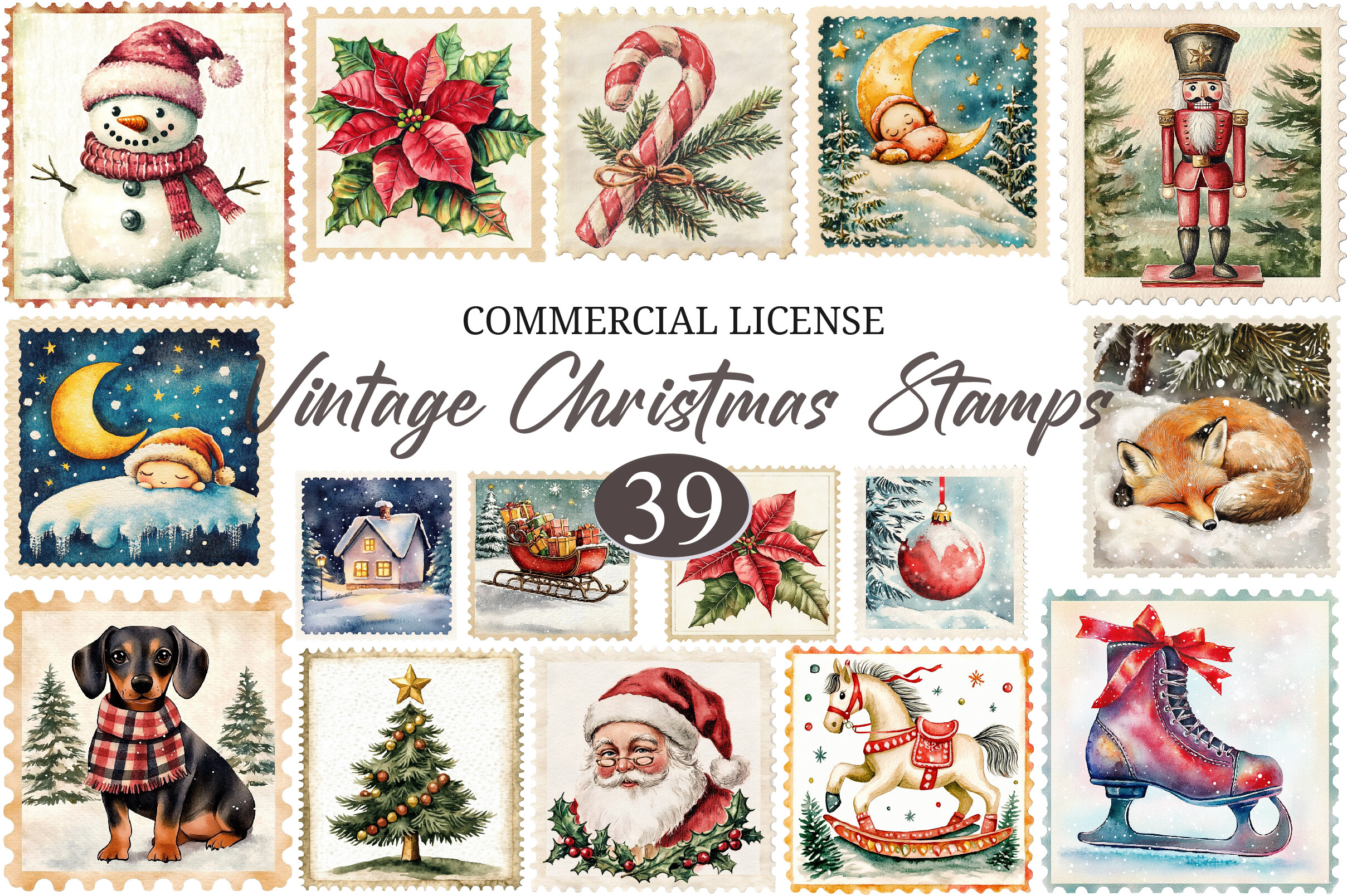 Watercolor Vintage Christmas Stamps Clip
