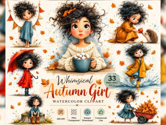 Whimsical Autumn Girl Watercolor Clipart
