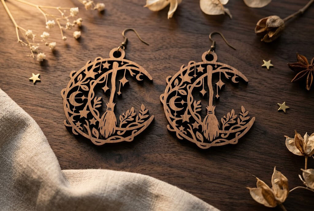 Witch Broom Star Earrings Laser Cut SVG