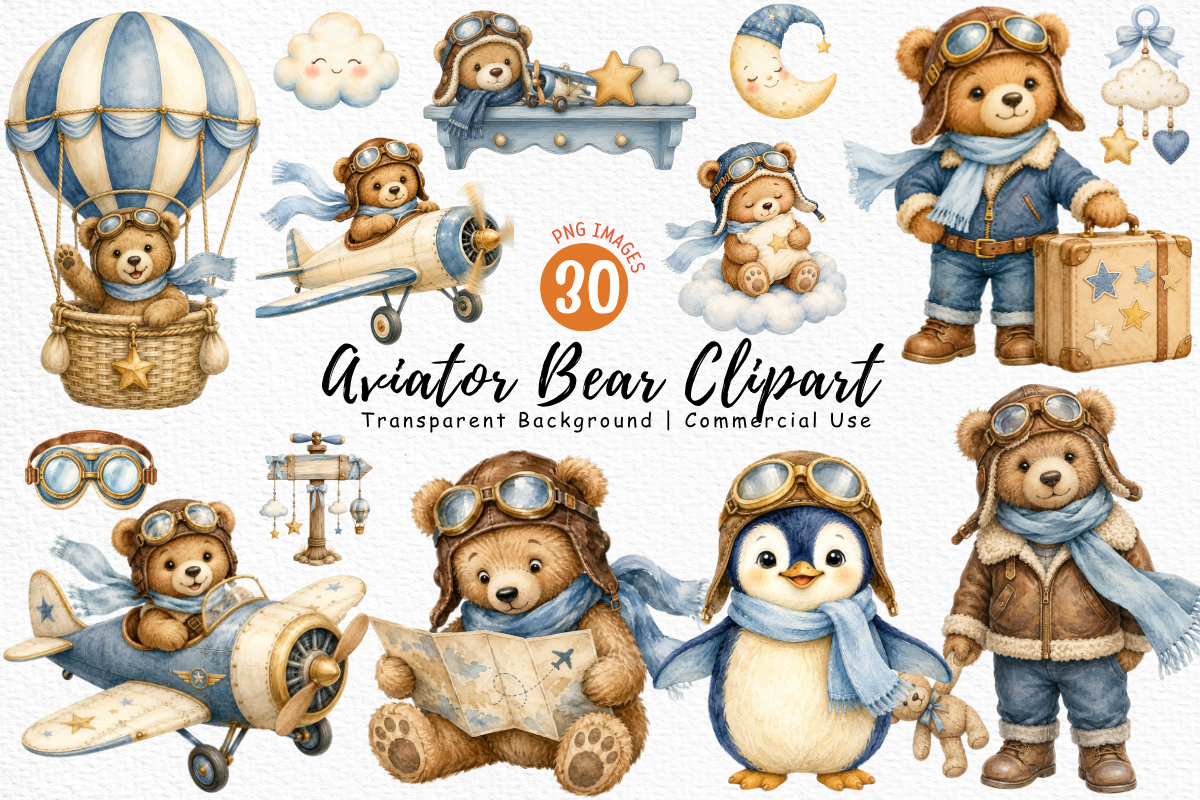 Aviator Bear Watercolor PNG Clipart