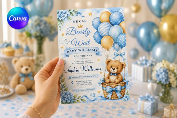Blue Teddy Bear Baby Shower Invitation