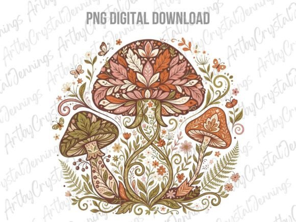 Boho Floral Mushroom Watercolor PNG