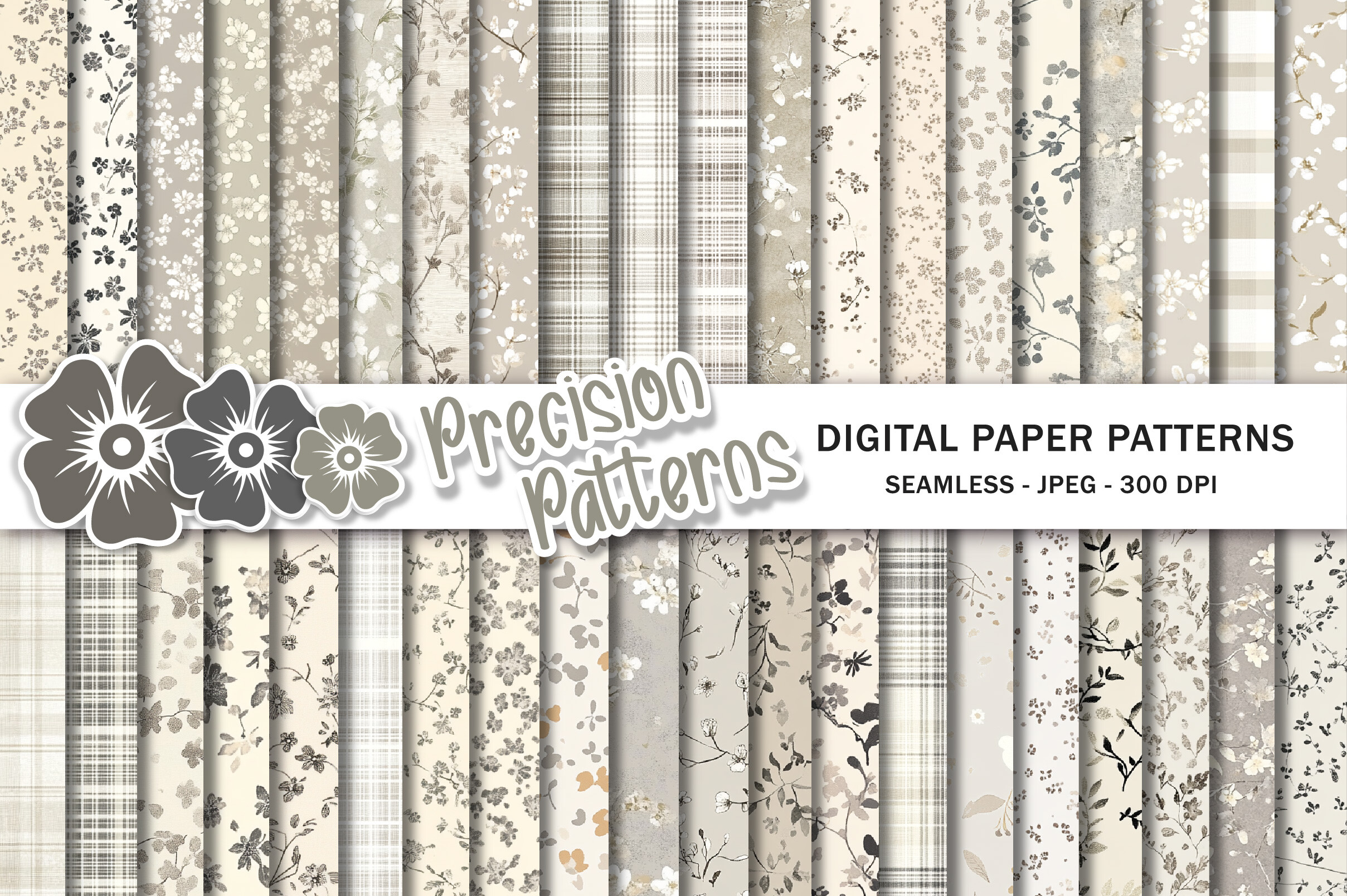 Gray Vintage Prints Digital Paper Pack