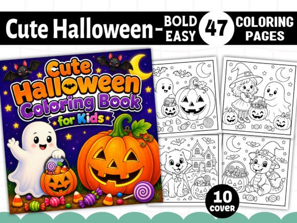 Happy Halloween Coloring Book for Kids: 47 Bold & Easy Pages + 10 PNG Covers | 8.5x8.5
