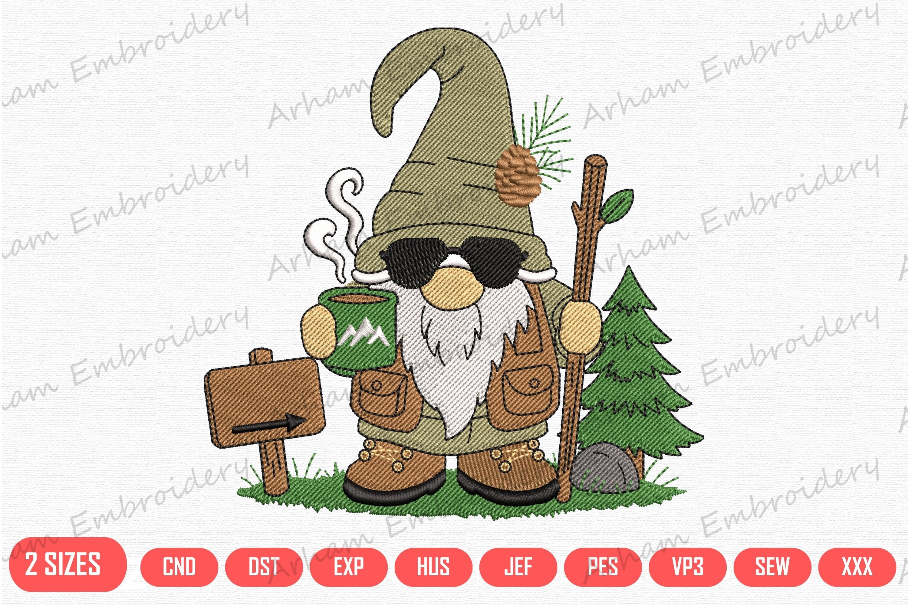 Hiking Gnome with Coffee Mug