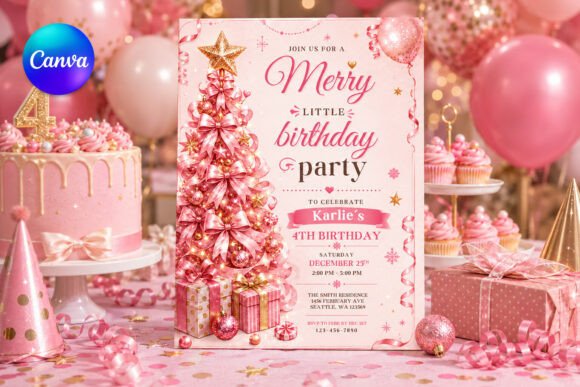 Pink Christmas Birthday Party Canva Temp