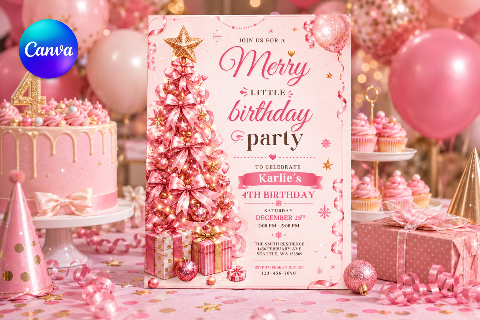 Pink Christmas Birthday Party Canva Temp