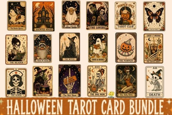 Retro Halloween Tarot Card Png Bundle