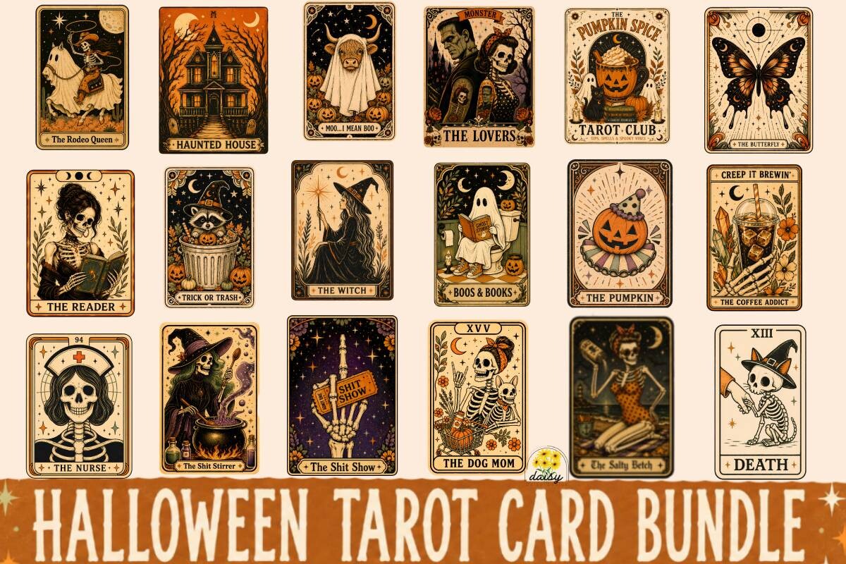 Retro Halloween Tarot Card Png Bundle