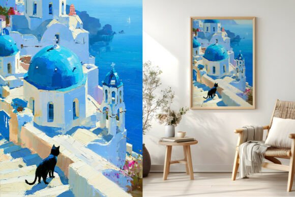 Santorini Terrace Cat Sea View Painting