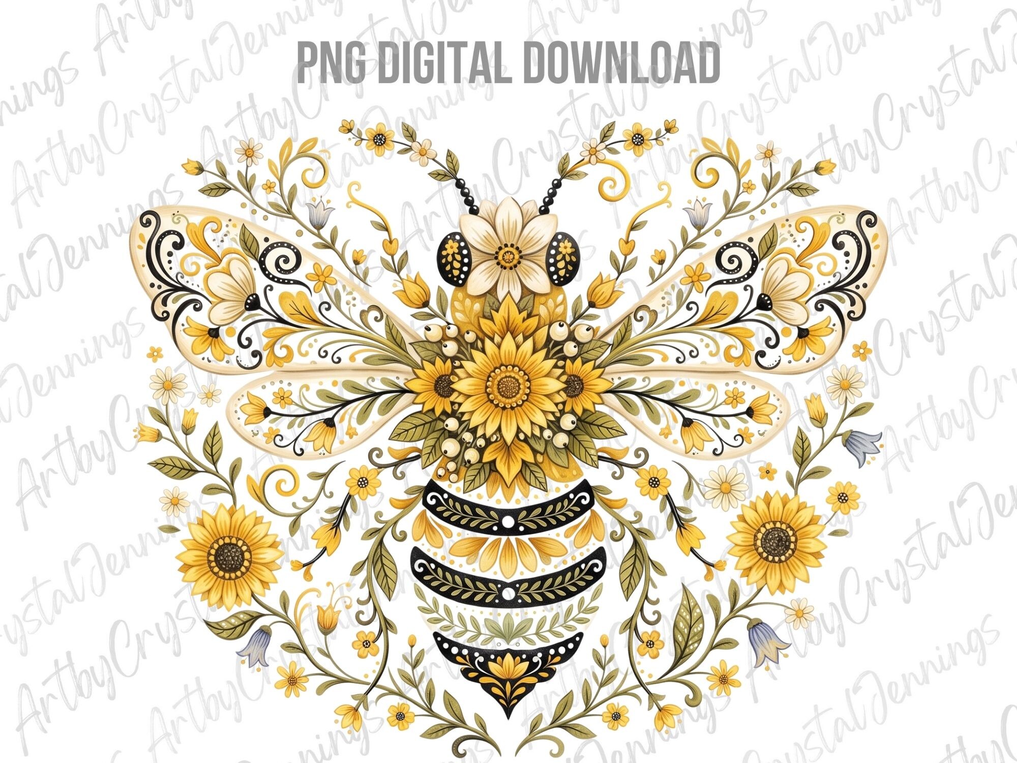 Sunflower Bee Floral Watercolor PNG