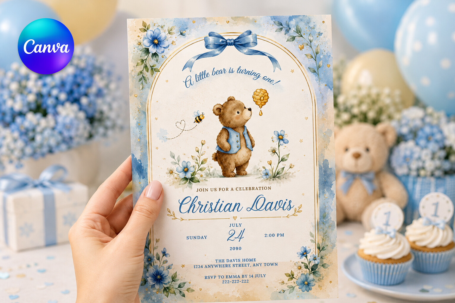 Teddy Bear First Birthday Invitation