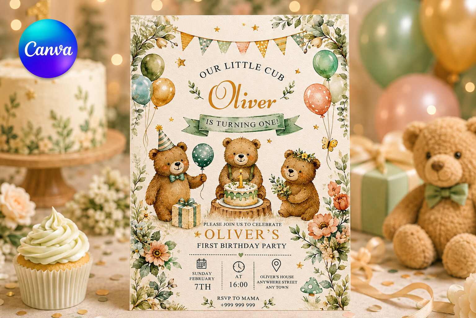 Teddy Bear First Birthday Invitation