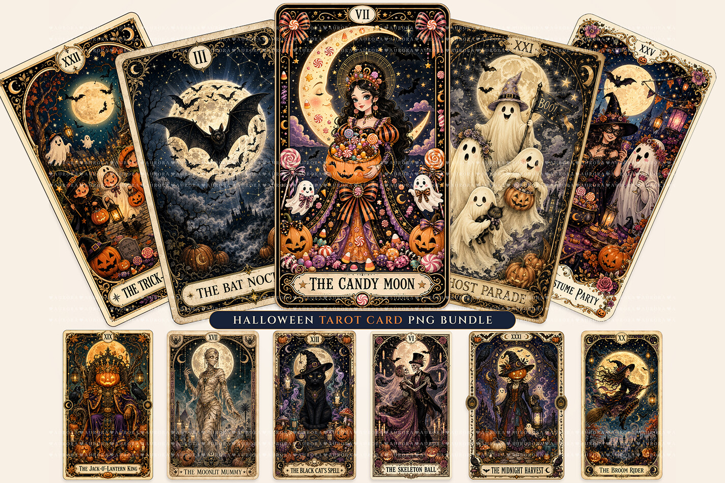 Vintage Halloween Tarot Card PNG Bundle