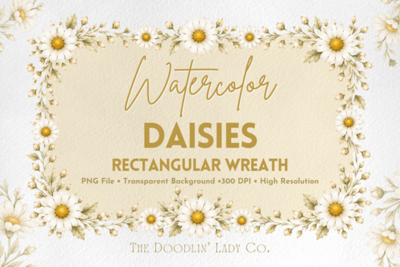 Watercolor Daisy Rectangular Wreath PNG