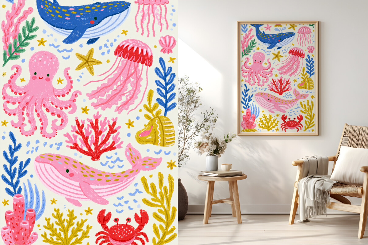 Watercolor Ocean Animals Nursery Poster