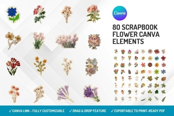 Handmade-style scrapbook flower Canva elements for floral projects