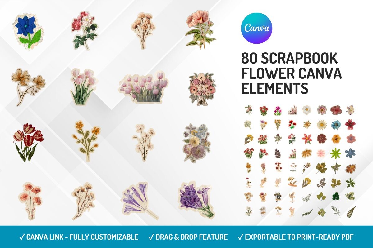 80 Scrapbook Flower Canva Elements