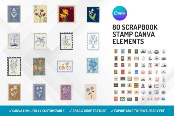 Scrapbook stamp Canva elements with vintage handmade styling