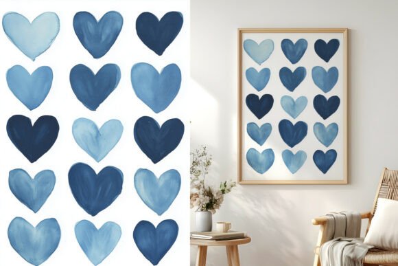 Blue Watercolor Hearts Grid