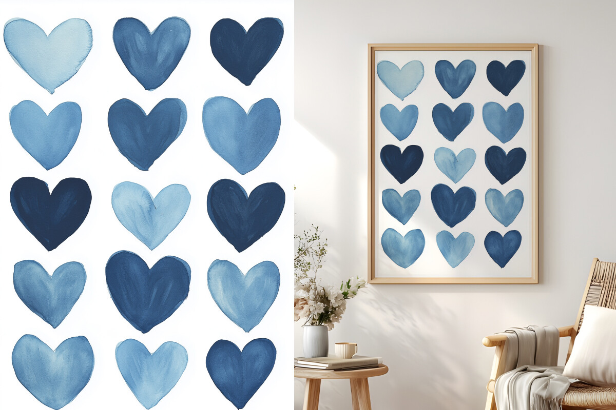 Blue Watercolor Hearts Grid