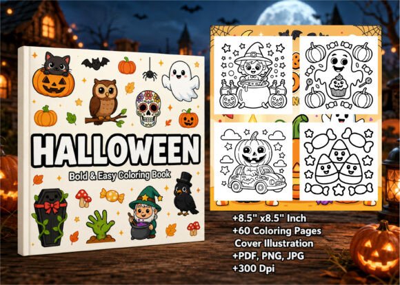 Bold and Easy Halloween Coloring Book: 60 Simple Pages + 9 FREE Covers | 8.5x8.5 300 DPI