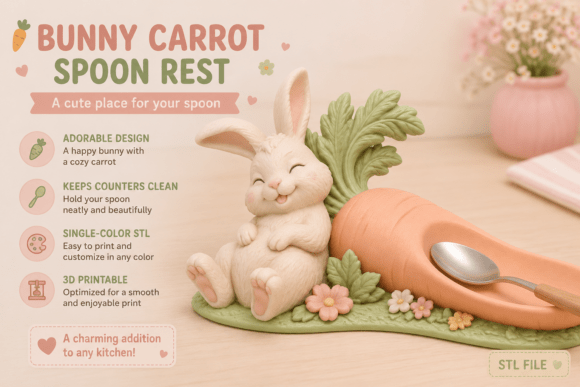 Bunny Carrot Spoon Rest STL | Cute 3D Printable Kitchen Organizer - Image 1