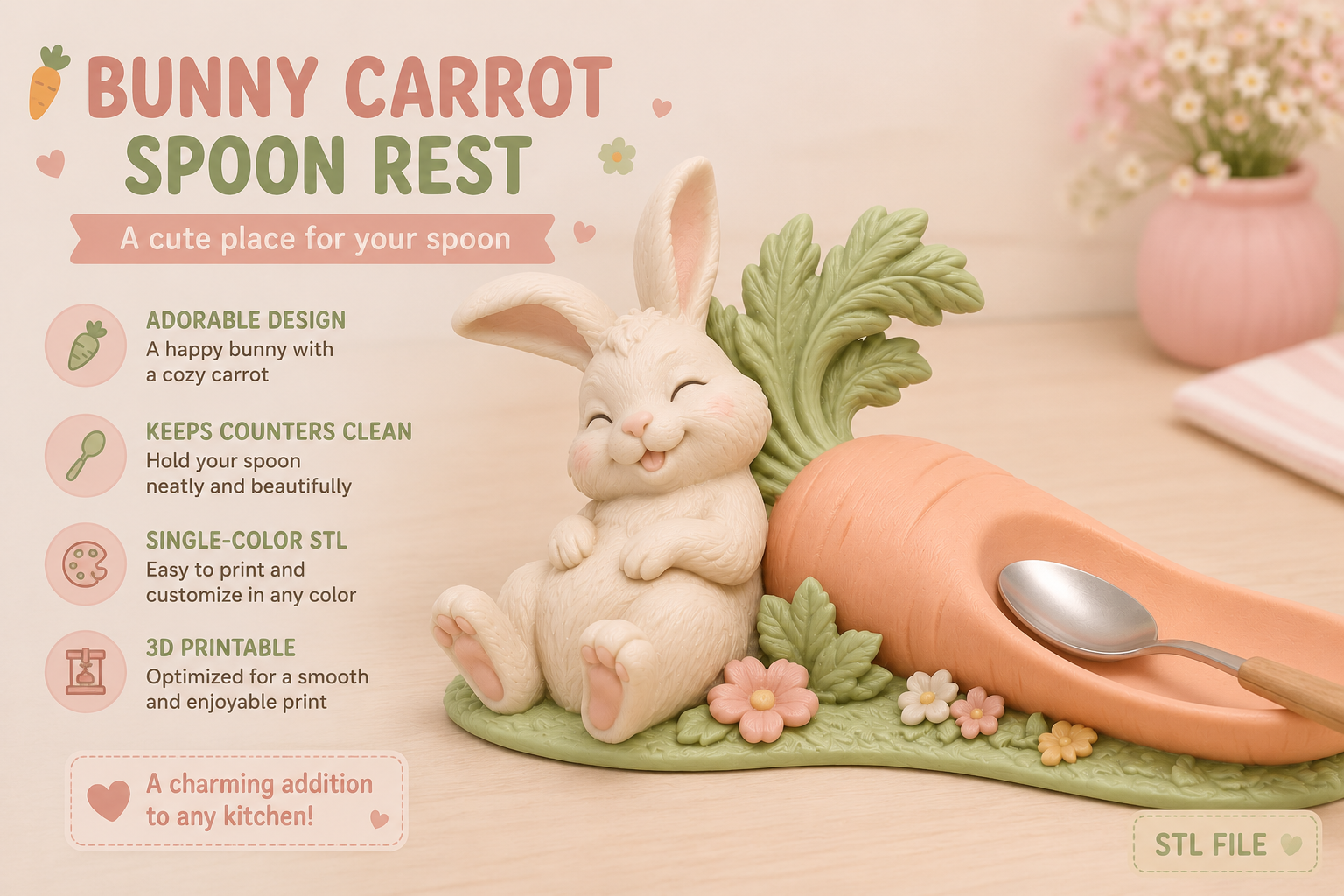 Bunny Carrot Spoon Rest STL | Cute 3D Printable Kitchen Organizer - Image 3