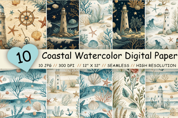 Coastal Watercolor Digital Paper Bundle