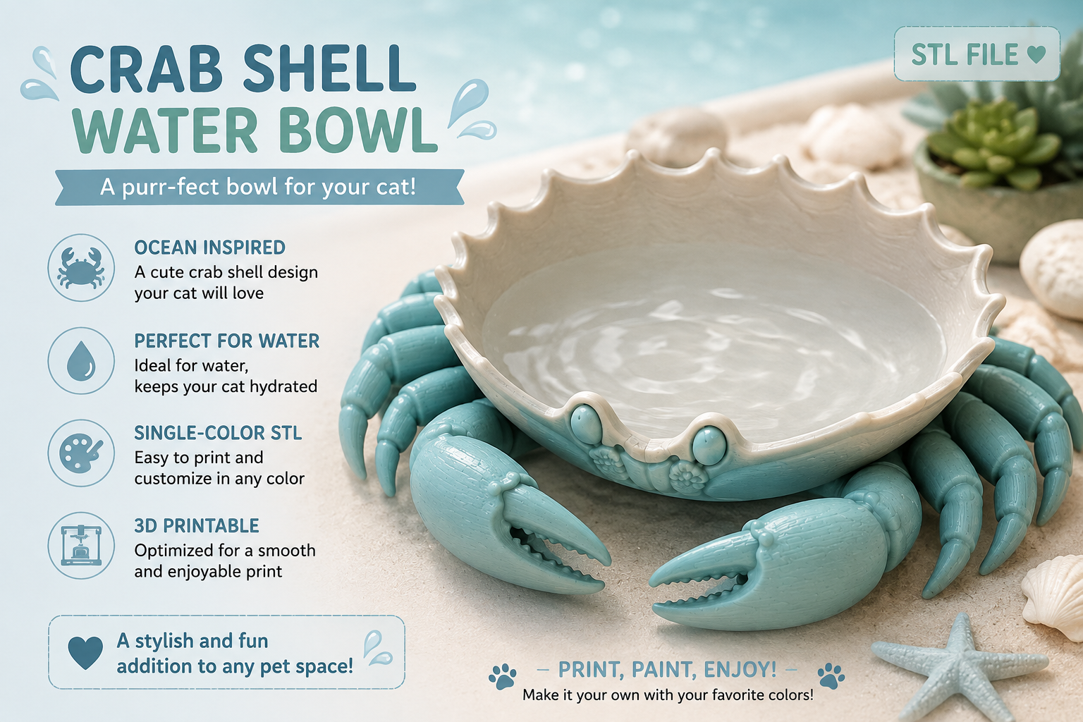Crab Shell Cat Water Bowl STL | 3D Printable Ocean Pet Dish - Image 3