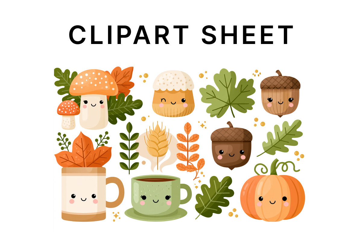 Cute Autumn Mugs and Leaves Clipart Set