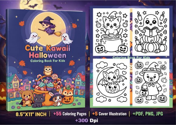 Cute Kawaii Halloween Coloring Book: 55 Bold & Easy Pages | 5 Cover Sizes | Instant Download