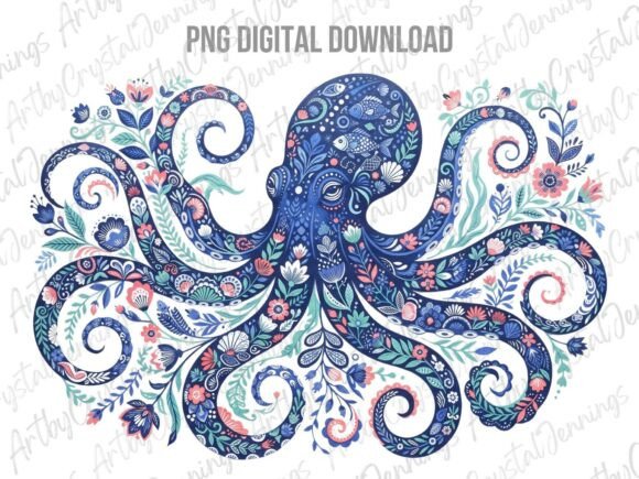 Floral Octopus Blue Ocean Sea Animal PNG