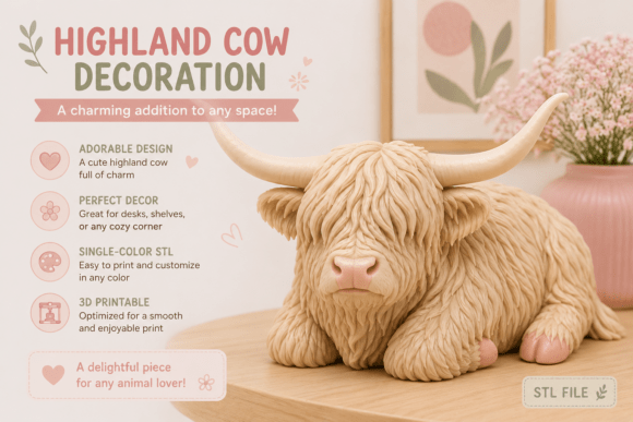 Highland Cow Decoration STL - Rustic 3D Printable Animal Model - Image 1