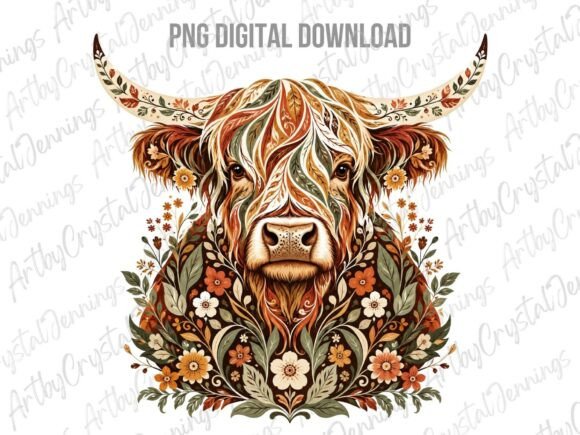 Highland Cow Floral Autumn Watercolor Graphic Illustrations By ArtbyCrystalJennings