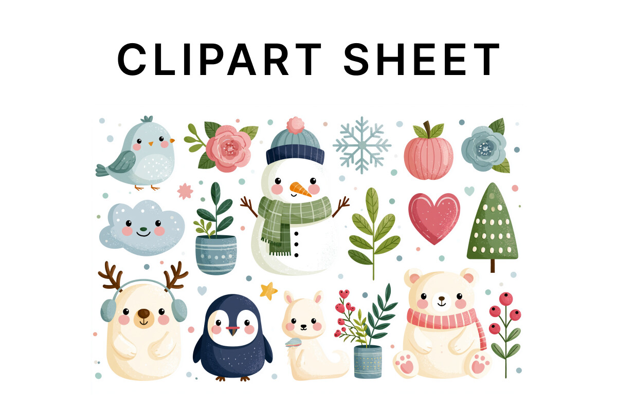 Kawaii Winter Animals Clipart Set Sheet