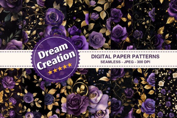Purple & Gold Rose Digital Paper