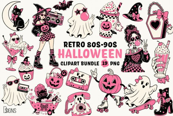 Retro 80s, 90s PInk Halloween Bundle PNG