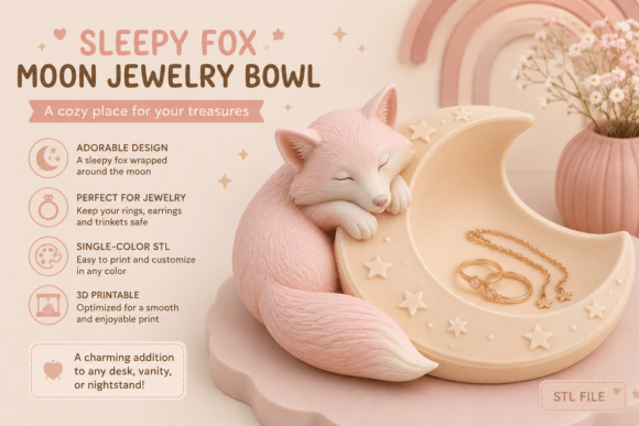 Sleepy Fox Moon Jewelry Bowl STL | 3D Printable Storage Dish - Image 1