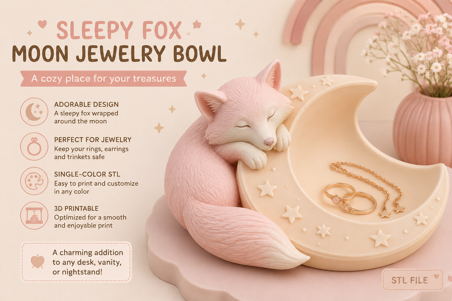 Sleepy Fox Moon Jewelry Bowl STL | 3D Printable Storage Dish - Image 3