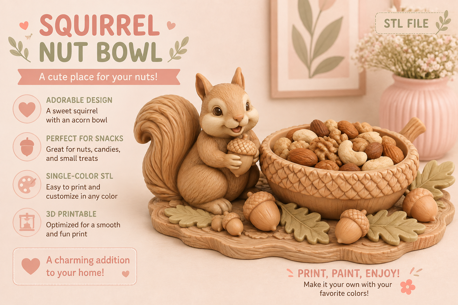 Squirrel Nut Bowl STL | Woodland Animal 3D Printable Decor - Image 3