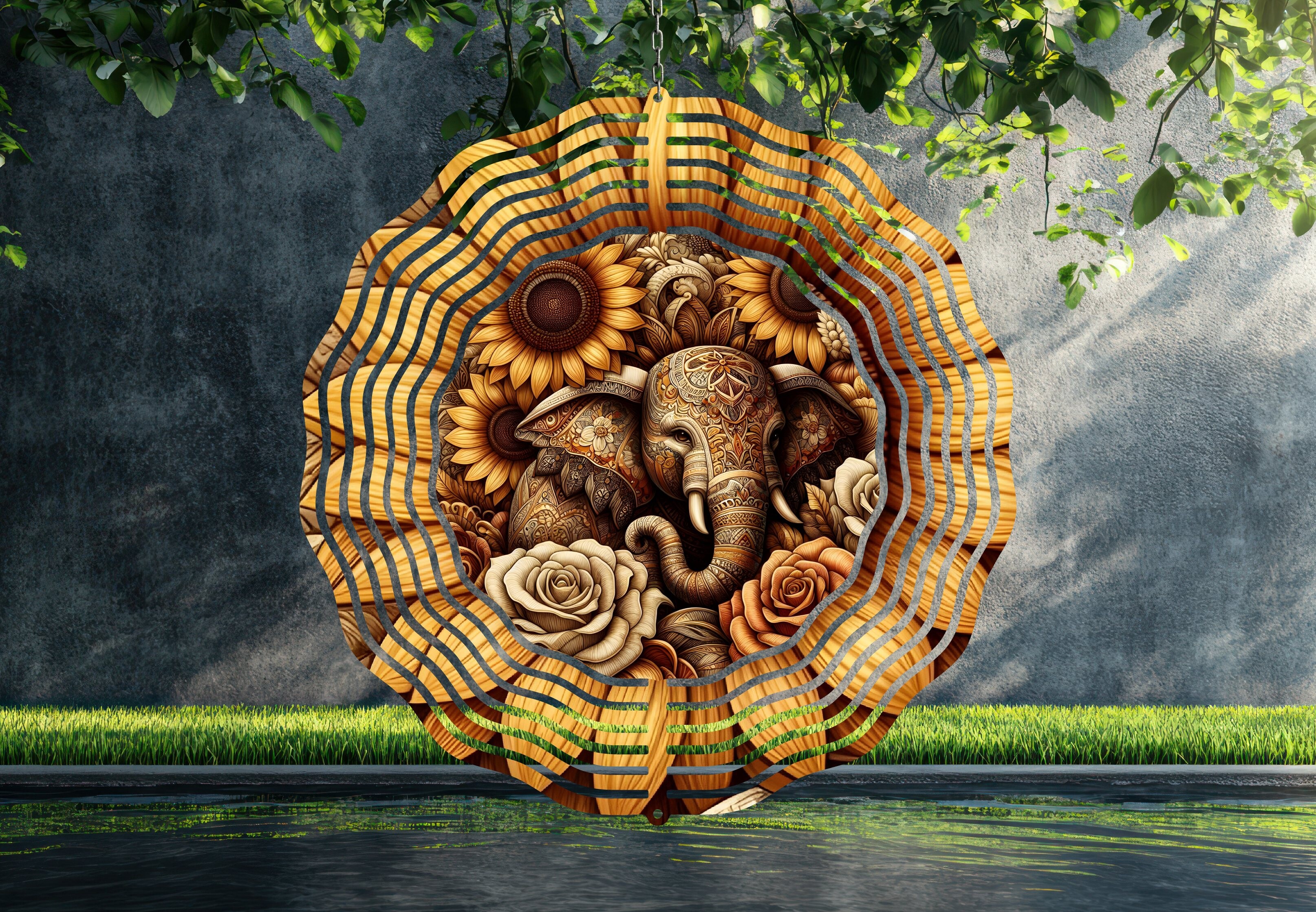 Elephant and sunflower wind spinner.