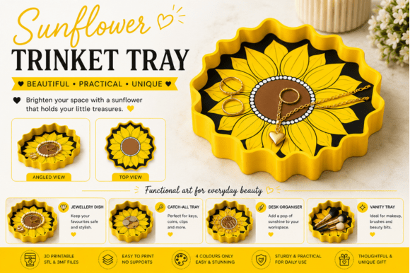 Sunflower Trinket Tray 3D Print File STL 3MF | Filament Multi-Color - Image 1