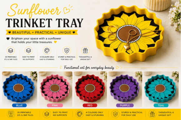 Sunflower Trinket Tray 3D Print File STL 3MF | Filament Multi-Color - Image 3